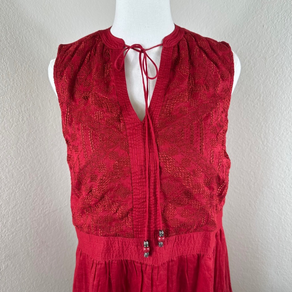 Sundance Maxi Dress Womens M Red Boho Tiered Linen Blend Embroidery Cottagecore - Picture 2 of 8